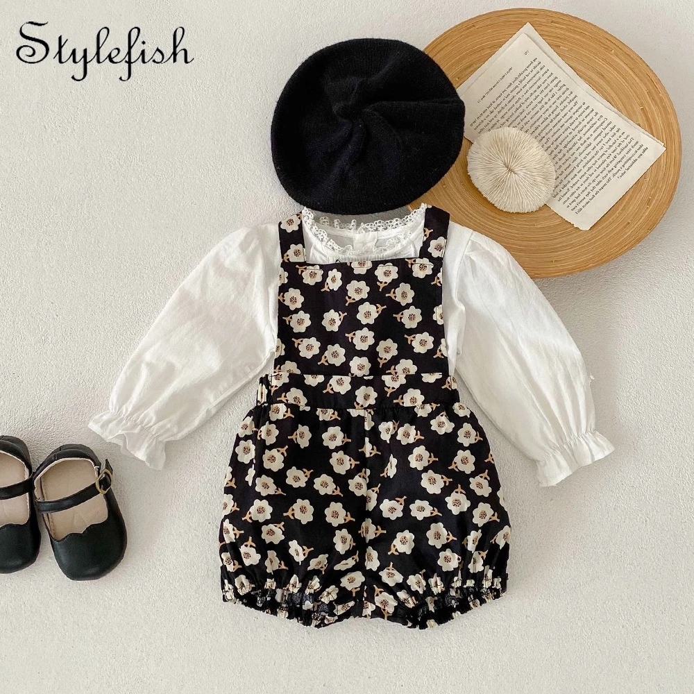 2 피스 봄, 가을 세트 새  소년과 소녀 소녀를위한 섬세한 수 놓은 레이스 카디건 탑 + 프린트 스트랩 바지