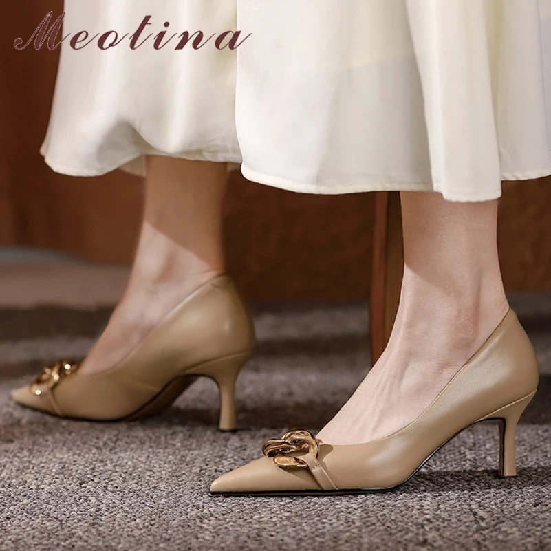 

Meotina Genuine Leather High Heels Stiletto Heel Women Shoes Metal Decoration Pointed Toe Pumps Office Ladies Footwear Beige 40