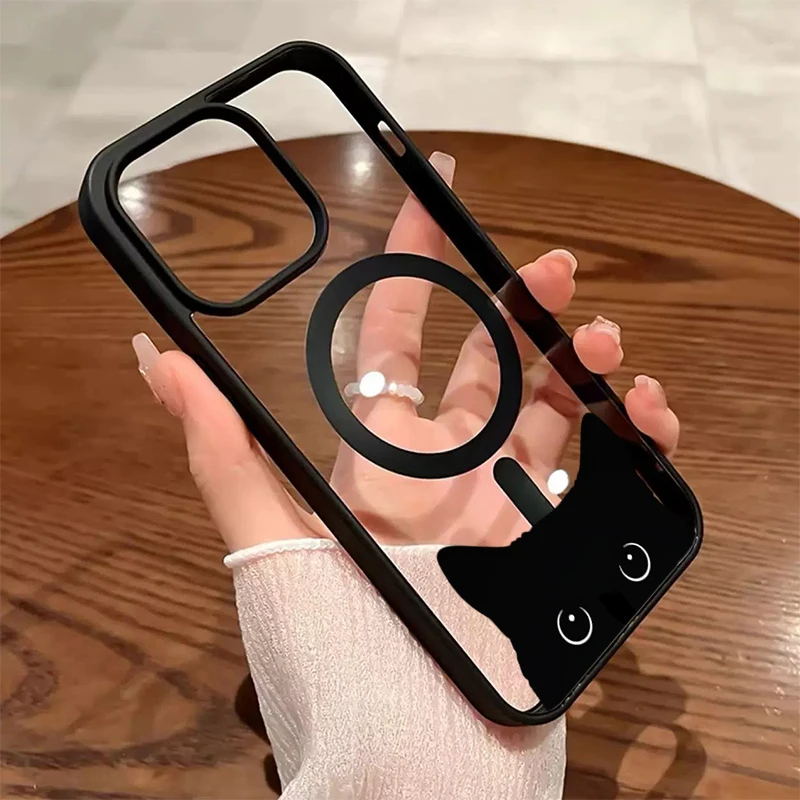 Black Cat Design Transparent Hard Shell Magnetic Phone Case