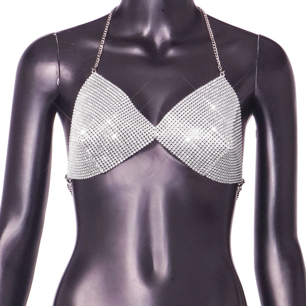 Sequins Hanging Neck Bra Sexy V-neck Slim Sweet Solid Colour Hanging Neck Small Vest Backless Bra Bikini Female