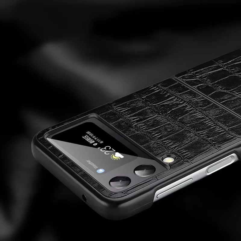 Genuine Cowhide Leather Case For Samsung Galaxy Z Flip 5 4 3 Flip4 Crocodile Pattern Alligator Skin Texture Shockproof Cover