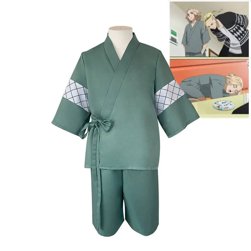 

Tokyo Revengers Anime Manjiro Sano Cosplay Costume Kimono Set Green Cropped Top Pants Bows Men Carnival Party Costumes