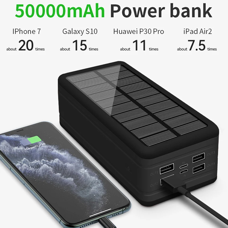 100000mAh Solar Power Bank 4USB Light Fast Charging Mobile Phone Wireless Charging Large Capacity Battery External Battery Hot