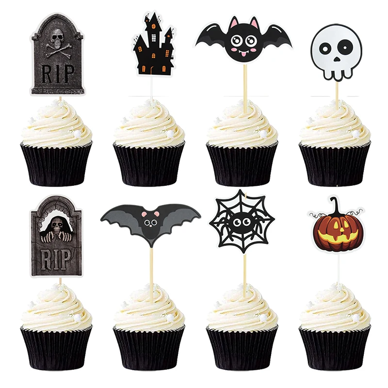 

Happy Halloween Cake Toppers Tombstone Pumpkin Castle Cat Ghost Bat Cupcake Insert Flags Halloween Party Dessert Cake Decoration
