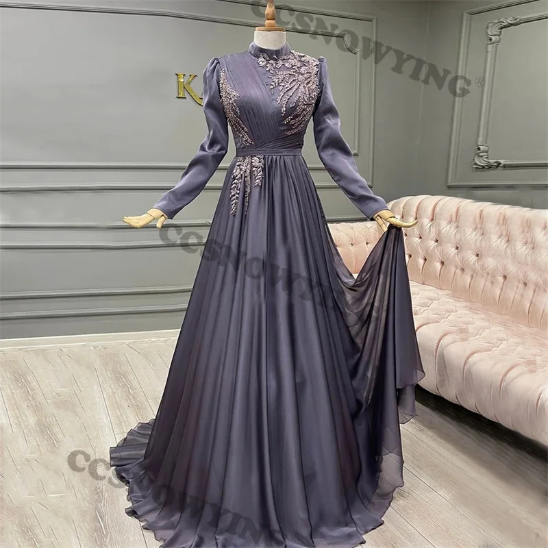 

Chiffon Appliques Muslim Evening Dresses Long Sleeve Hijab Islamic Formal Party Gown Arabic Dubai Women A Line Robes De Soirée