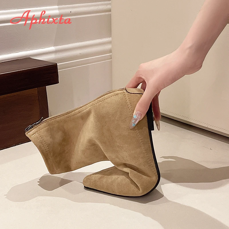 Aphixta Suede Upper Woman Modern Boots 5cm Height Increasing Short Boots Shoes Sexy Pointed Toe Black Zipper Concise Ankle Boot