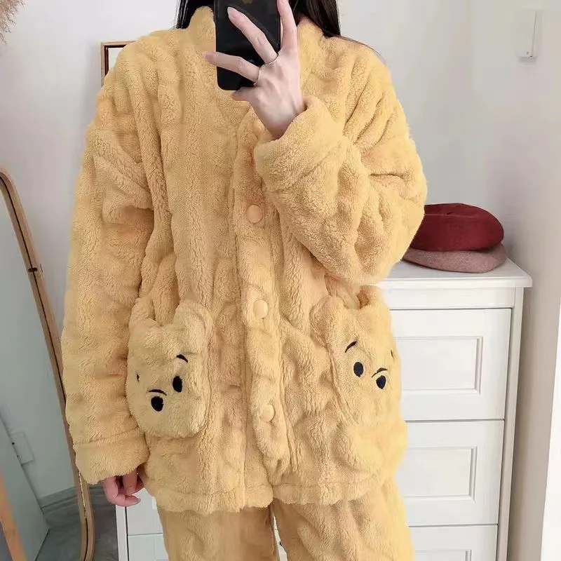 

Autumn and winter cartoon casual cute loungewear students thickened long-sleeved facecloth pajamas can be worn outside the suit