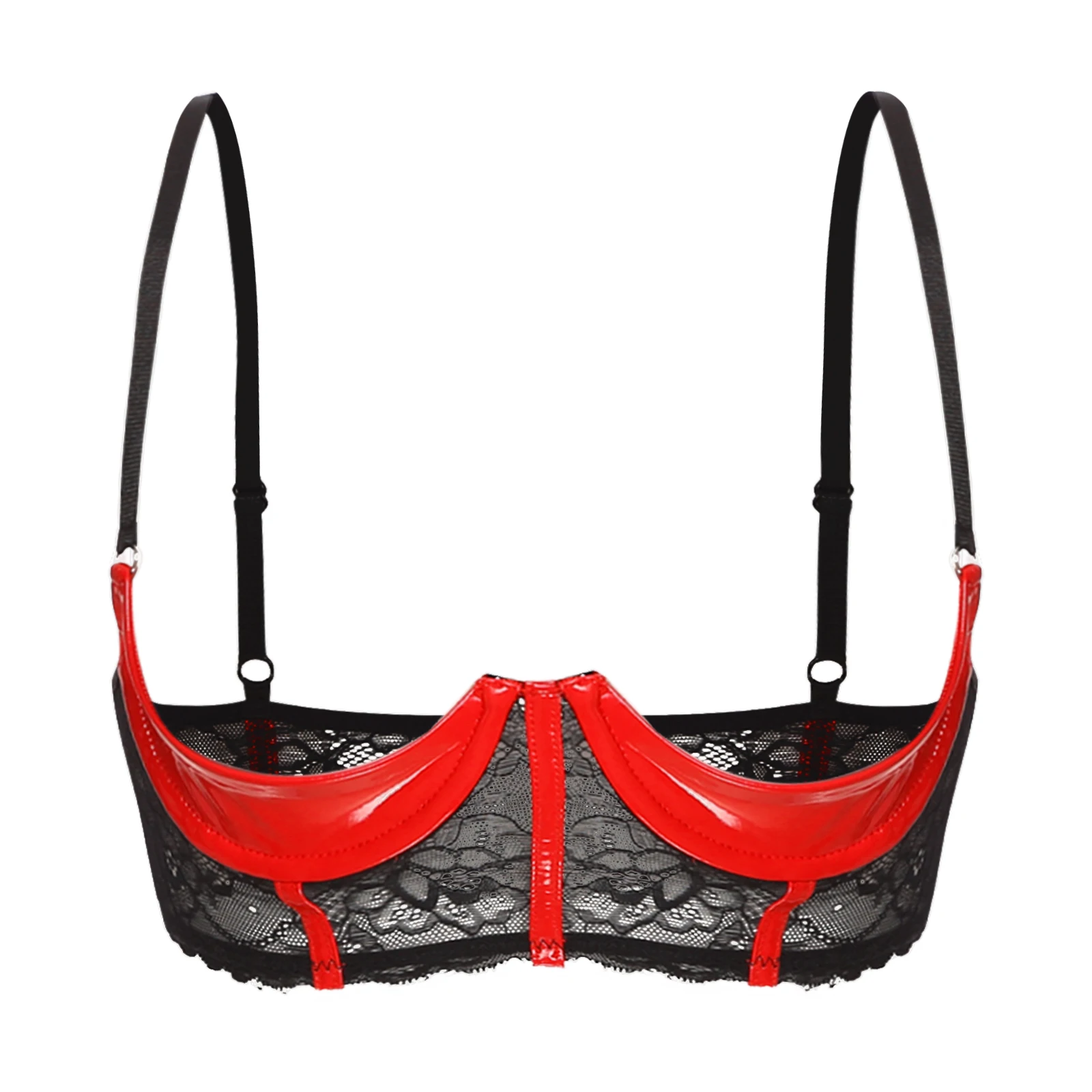thumbnail image 1 of Sujetador de charol con escote abierto y aros para mujer, tirantes ajustables para los hombros, lencería de encaje floral transparente, 1 of 5