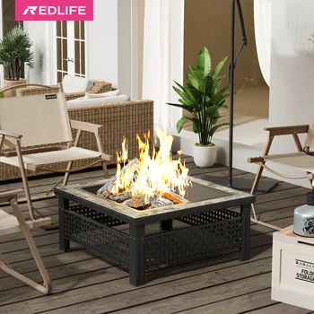 30 Inch Fire Pit, Square Outdoor Fireplace Table w/ Mesh Lid & Fire Poker, 3-in-1 Multipurpose Firepits for Yard, Garden, Patio 1
