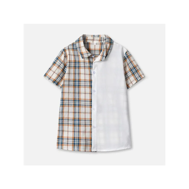 

Летняя Клетчатая цветная контрастная рубашка с коротким рукавом для мальчиков, кардиган, детская блузка