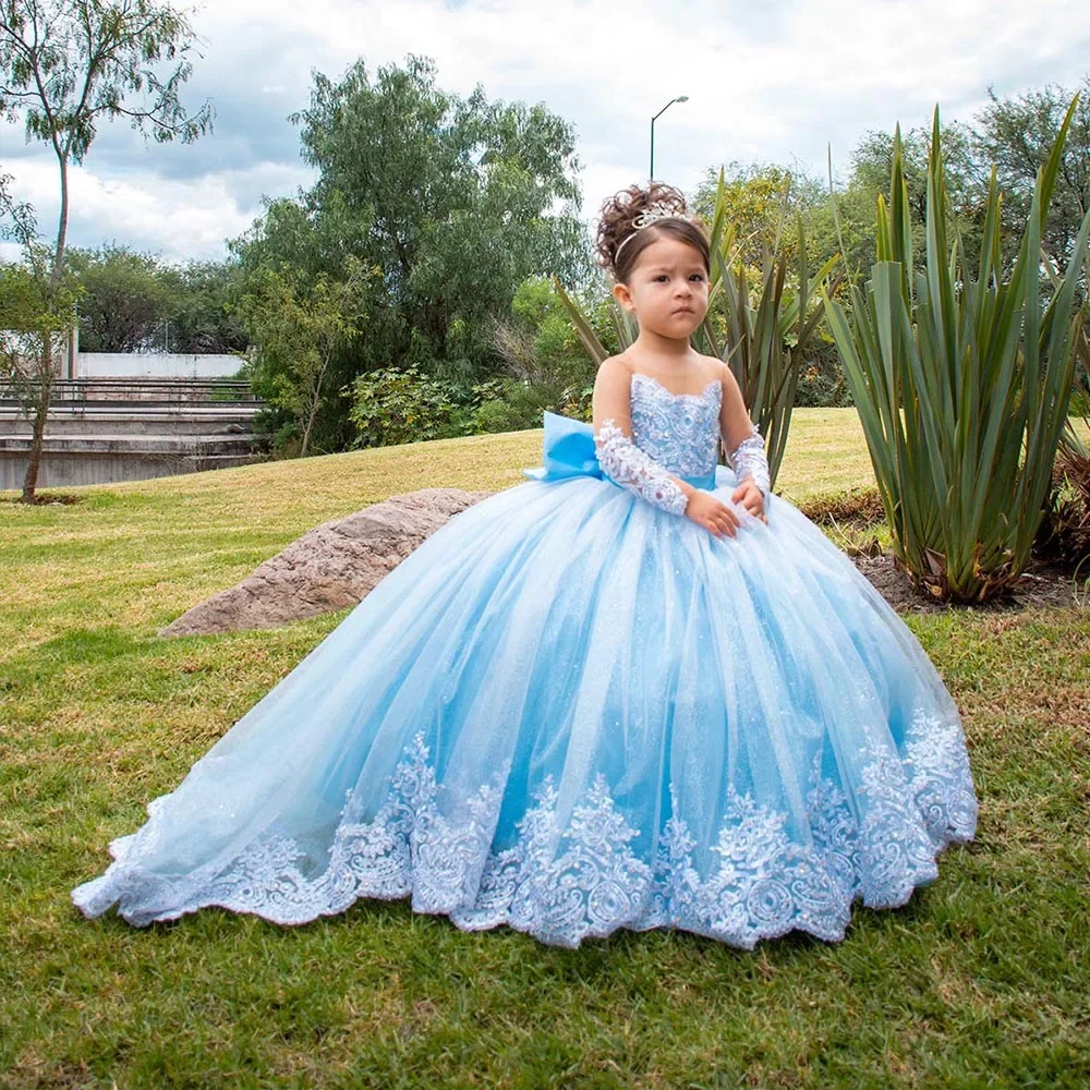 Flower Girl Dresses Floral Applique Dress Pink Tulle Flower Girl Dress Wedding Full Sleeves Puffy Applique Floor Length Princess Kids Birthday First Communion Gown