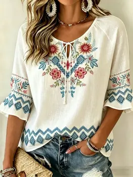 Women's White Colorful Floral Embroidered Tie Neck Blouse, Casual Loose Tops for Spring Summer Daily Wear & Vacation Occasions 1