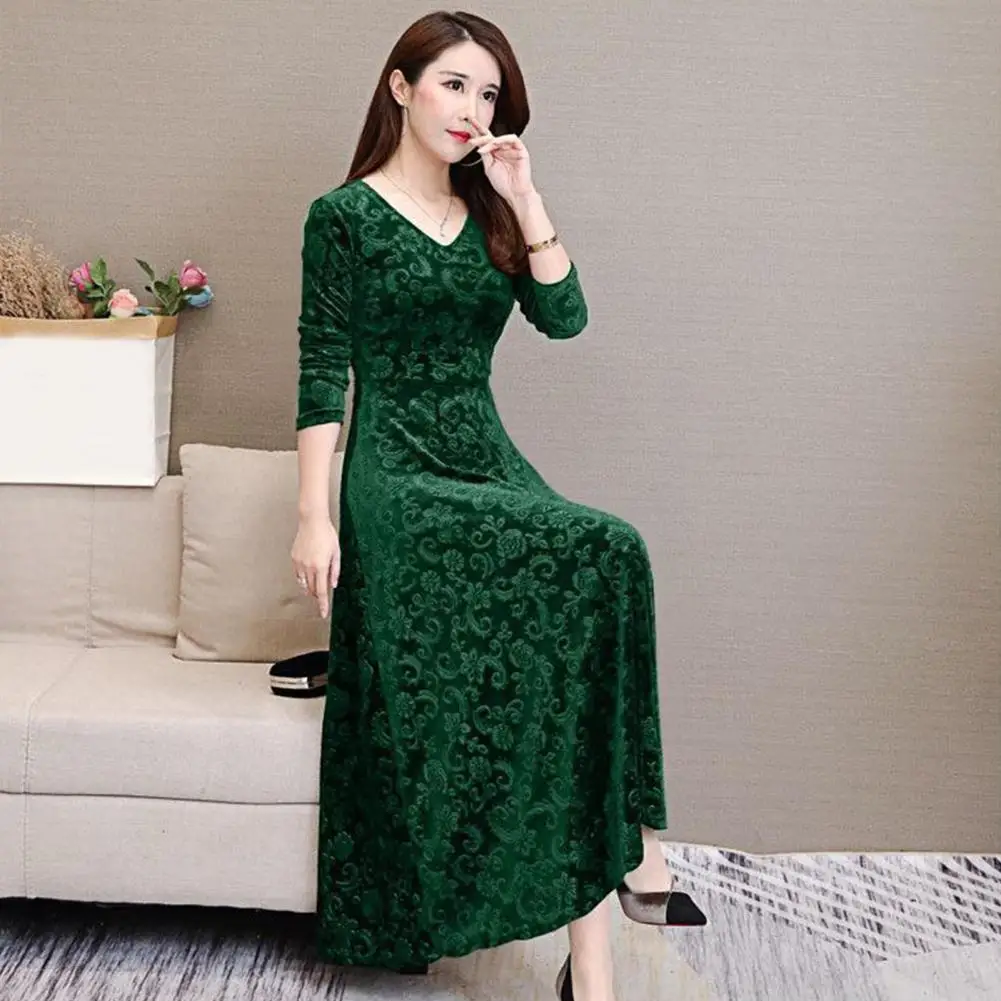 

Autumn Winter Dress Elegant Floral Printed Long Sleeve Dress for Women Round Neck Pullover Party Dress Vacation Slim Fit Midi