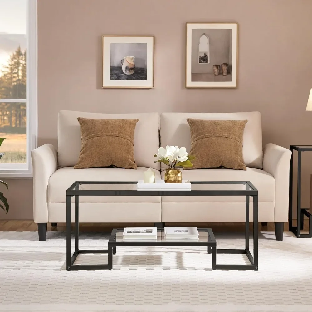 Coffee Table, Tempered Glass Coffee Table, Modern Simple Center Tables w/Geometric-Inspired Design & Metal-Frame & Easy Assembl