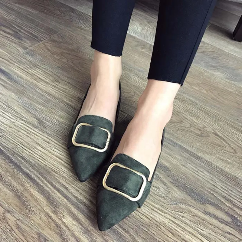 Lady Court Tacons Moccasin Low-Top Flock Flats Pointed Mujer With Belt Buckle Plus Size 48-33 Grey Black Pink Shoes Comfortable