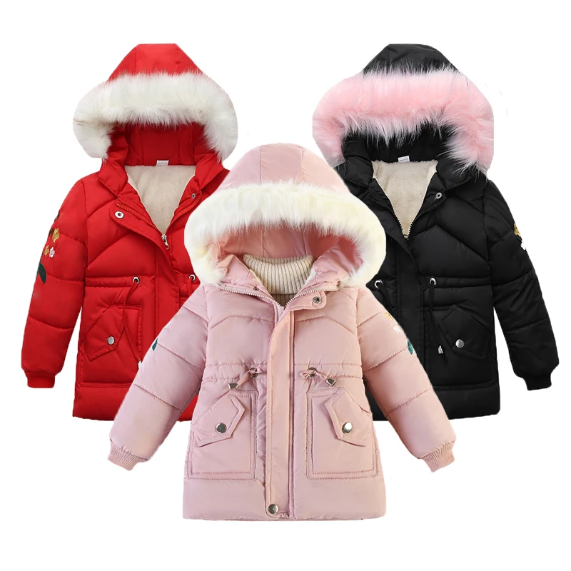 

Winter New Girls Jacket Printing Pattern Lining Plus Velvet Thicken Retractable Waist Hooded Down Cotton Outwear For 3-6 Years