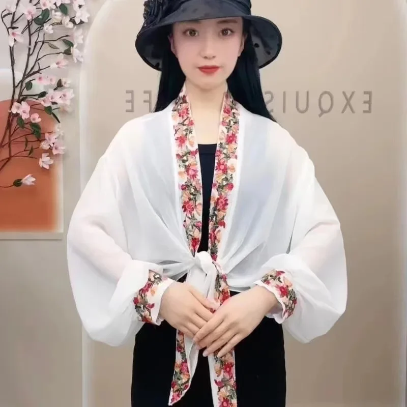 자수 시폰 자외선 차단 와이드 소매 상의, 에스닉 스타일 가디건, 에어컨 코트, 햇빛가리개 스카프