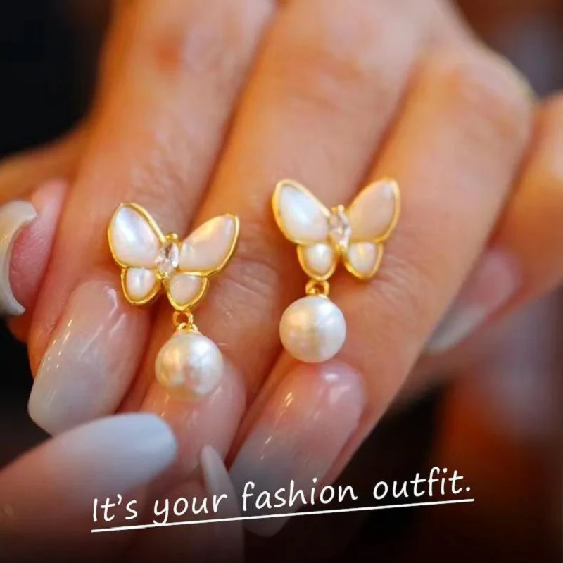 

Design Sense S925 Silver Gold Plated Thick Butterfly Pearl Earrings White Shell For Women Elegance Luster Pearl Jewelry