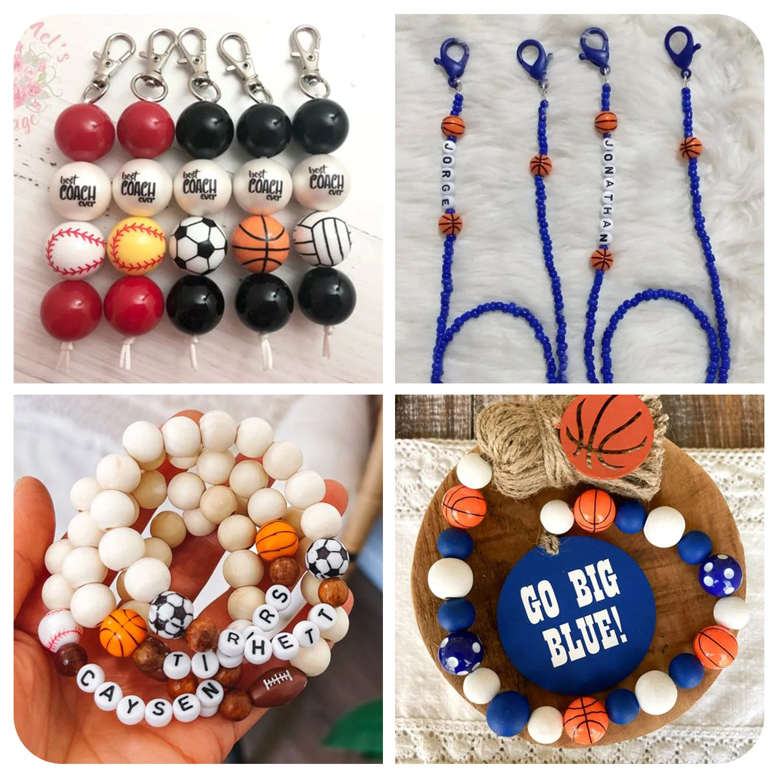 Sport Themed Wooden Beaded Party Decor Bracelet Jewelry Making Kit Basketball Football Volleyball Baseball Wood Bead Jute Cord