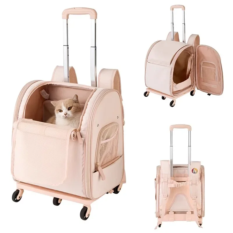Cat Bag Roller Case Pink Backpack Cat Go Out Carrying Case Pet Suitcase Mute Dog Roller Case Ventilated Removable Cushion