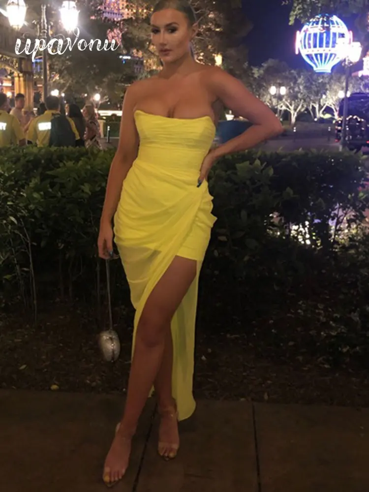 

Sexy Women Mesh Bandage Dress 2022 New Wrapped Chest Sleeveless Bodycon Draped Split Irregular Long Dress Evening Party Vestidos