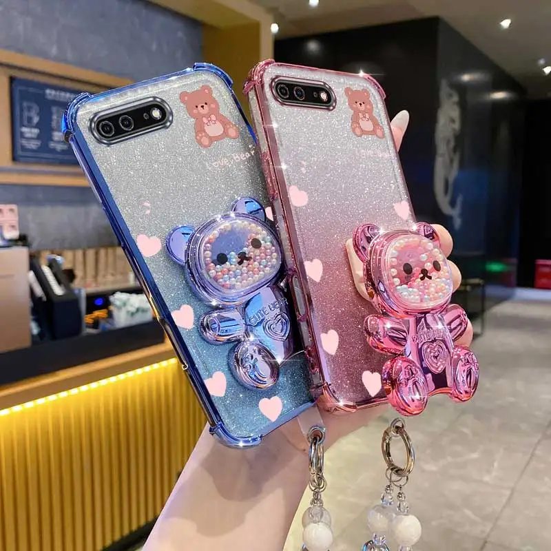 Pearl Strap Glitter Teddy Bear Phone Holder Case with Anti-Knock Stand Cover