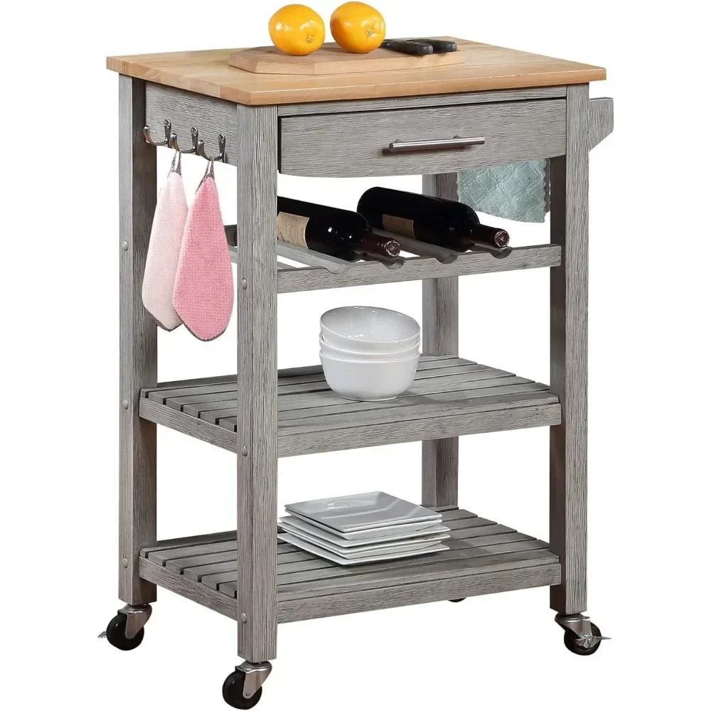 4 Tier Butcher Block Kitchen Cart with Drawer and Wine Rack