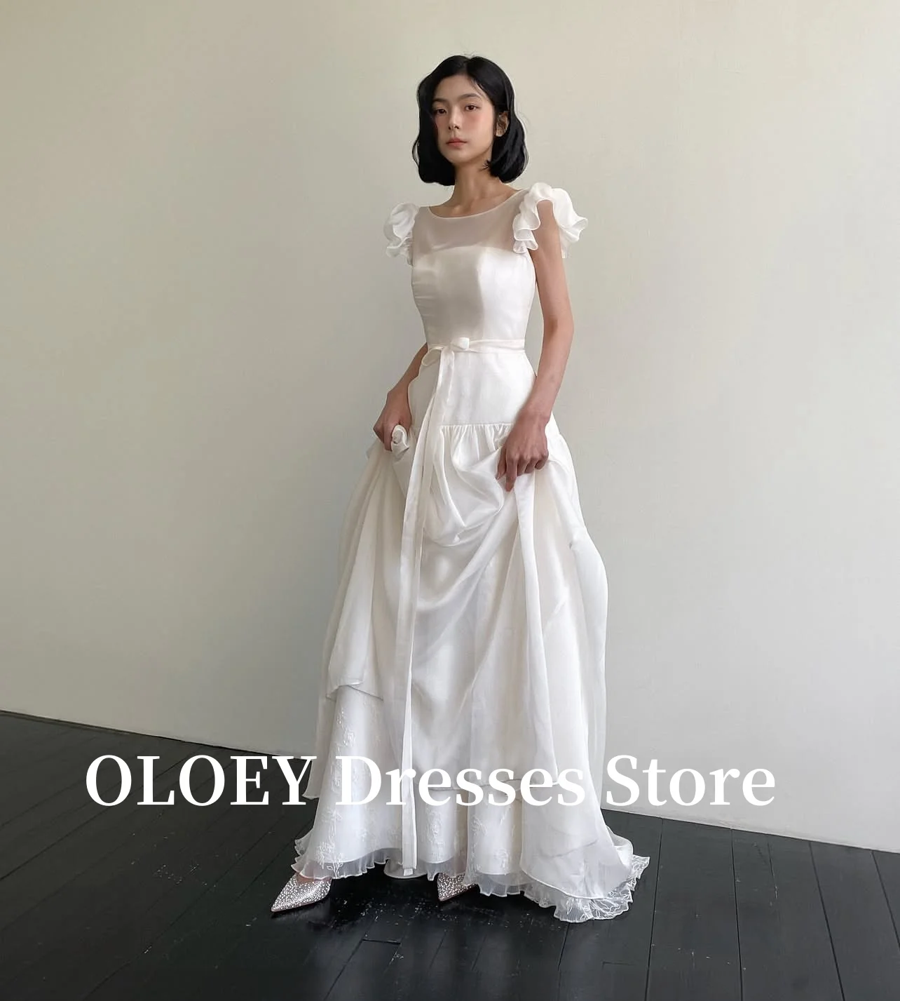OLOEY 2025 Princess A Line Silk Organza Wedding Dresses Korea Photo shoot Short Sleeves O-Neck Bridal Gowns Customized 2