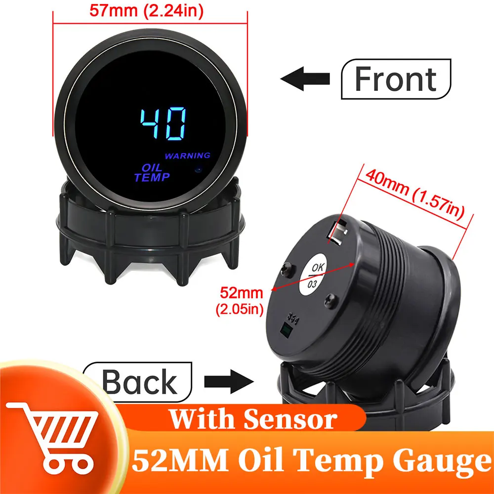 Sensor 1/8" NPT Electronic Oil Temperature gauge with warning 52mm Black 