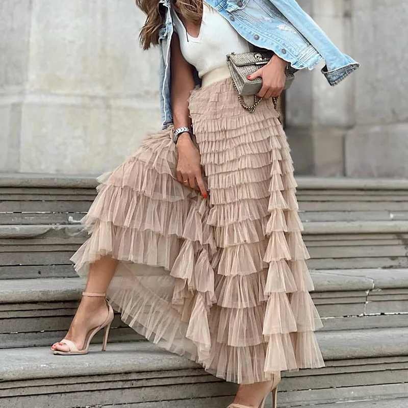 

Elegant High Waist Swing Club Party Skirt Office Lady Sweet Pleated Long Skirt Summer Streetwear Fashion Mesh Layered Cake Skirt