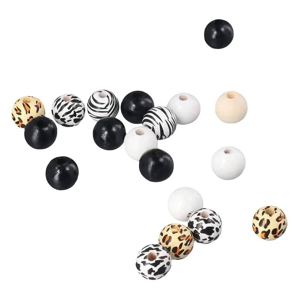 

Keychain 16mm Craft Loose Bead Necklace Earring Wood Beads Set Leopard Cow Pinto Wooden Round Beads Black White Beige