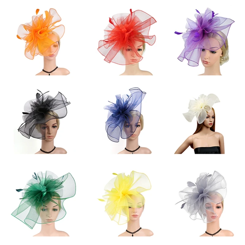 Women Fascinators Hats Vintage Elegant Feathers Veil Mesh Tea Party Headband for Wedding Cocktail Headwear 9 Colors