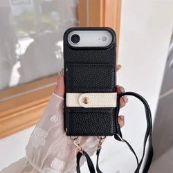 Luxury Crossbody Lanyard Leather Phone Case with Mirror & Wallet Card Holder - Anti - Fall Cover - iPhone 15 Plus (Black)