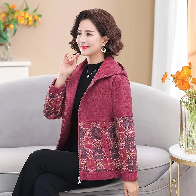 Mom's Autumn Hooded Foreign Style Jacket 2023 Middle-Aged And Elderly Spring And Autumn Short Top Jacket Jacket Hooded Casual