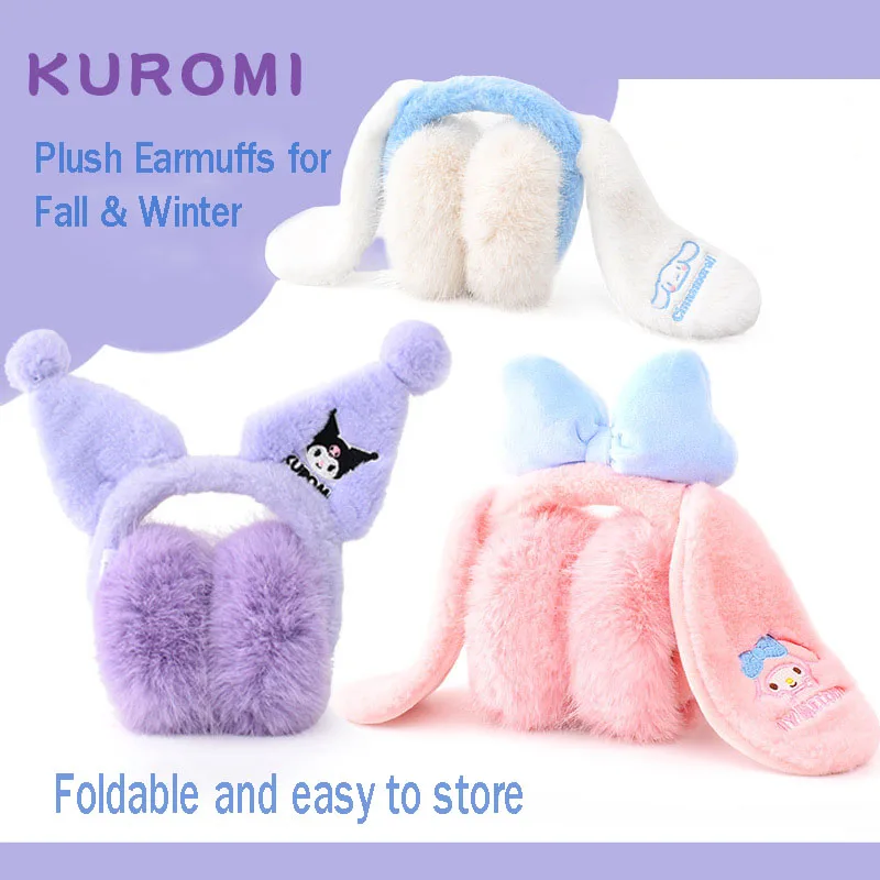 

3-9 Years Old Plush Warm Foldable Earmuffs Sanrios Anime Kuromi My Melody Cinnamoroll Cute Girl Gifts Student Coldproof Warmers