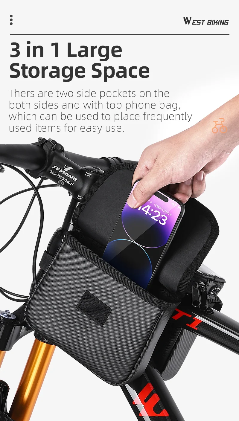 WEST BIKING Waterproof Bicycle Front Frame Bag Double Pouch & 7.2 Inch Phone Touch Screen Bag Cycling Travel MTB Top Tube Bag