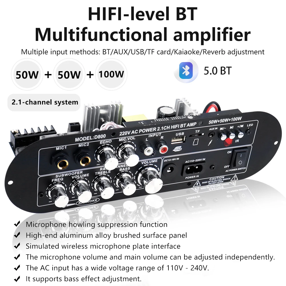 DC 12-19V/AC 110-220V 2.1채널 D800 블루투스 디지털 오디오 앰프 보드 50W+50W+100W 고출력 EU/US