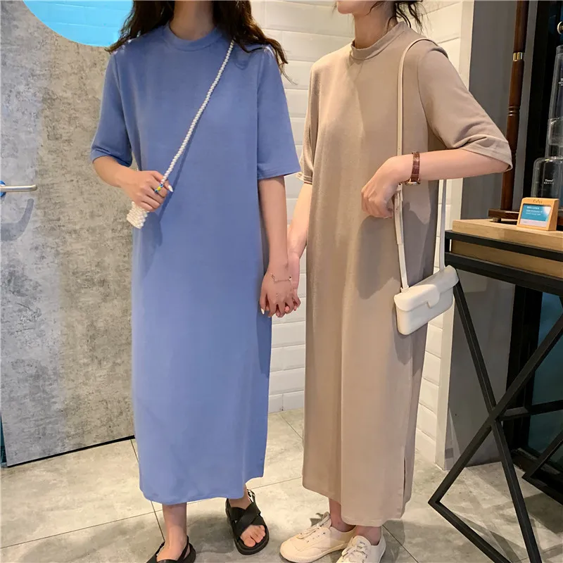 Casual Summer Dresses For Women 2024 Solid Short Sleeve Open Side Long Khaki Black Dress Vestido Feminino