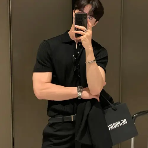 Summer Men's Clothing Retro Knit Lapel Striped Polo Shirt Solid Color Short Sleeve Fashion Light Luxury Popular Knitwear M-3XL - Image 6