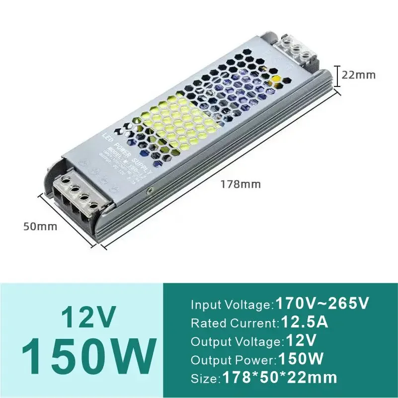 슬림 LED 드라이버 어댑터, AC170-265V to DC, 스트립 조명 변압기, 12V, 24V, 60W-400W