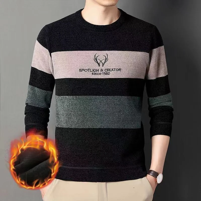 Thicken Winter Thermal Men Plus Fleece Sweater Loose Round Neck Long Sleeve Printing Stripe Contrast Color Pullover Knitted Tops 3