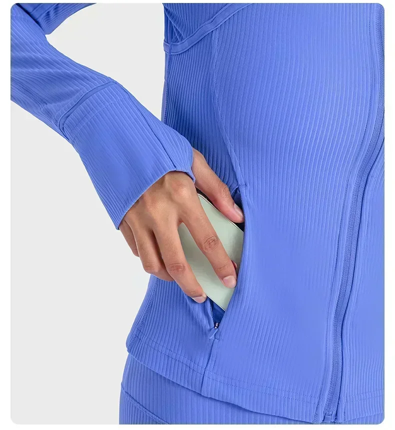 Lemon Women Ribbed Cropped Define Stand Neck Sports Jacket Utdoor Lightweight Breathable High Elastic Fitness Yoga Coat