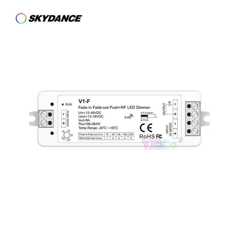 V1-F Push Dim CV Fade-in Fade-out LED Dimmer 12V-48V 24V 36V 1CH*8A 5 Fading Speed/Step-less Dimming For Single Color Strip tape