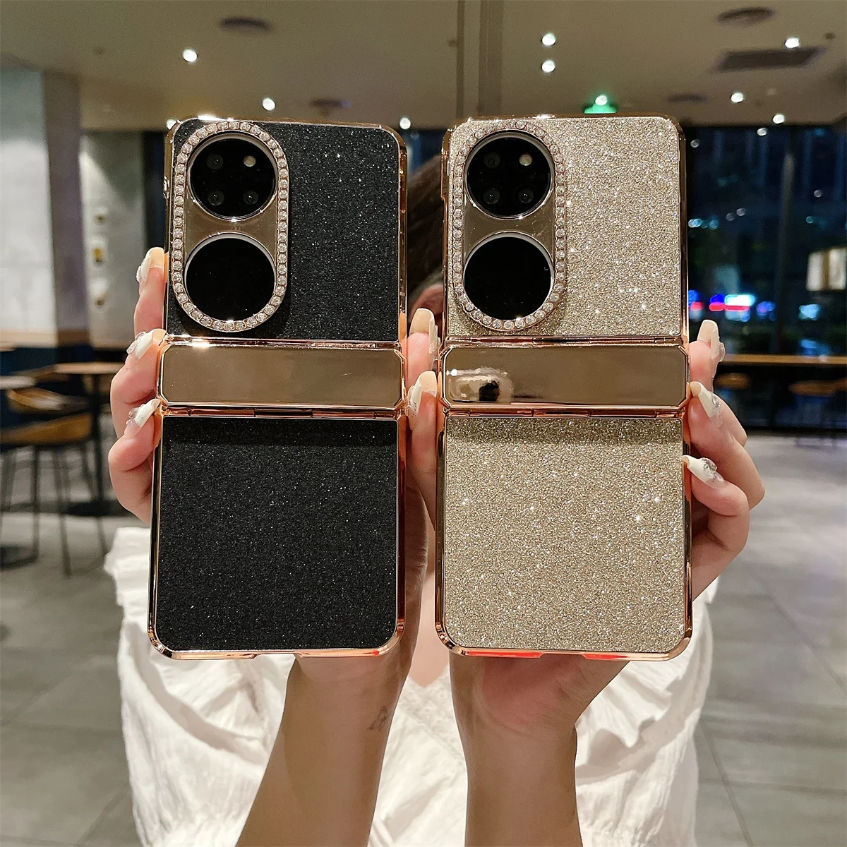 Luxury Plating Bling Glitter Phone Case For Huawei P50 Pocket Hard PC Leather Shockproof Hinge Protection Cover For Pocket 2