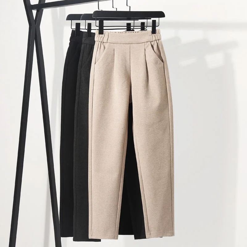 3 Colors Woolen Pants Women's Harem Pencil Pants 2024 Autumn Winter High Waist Elastic Korean Style Lady Suit Pants Trousers 2