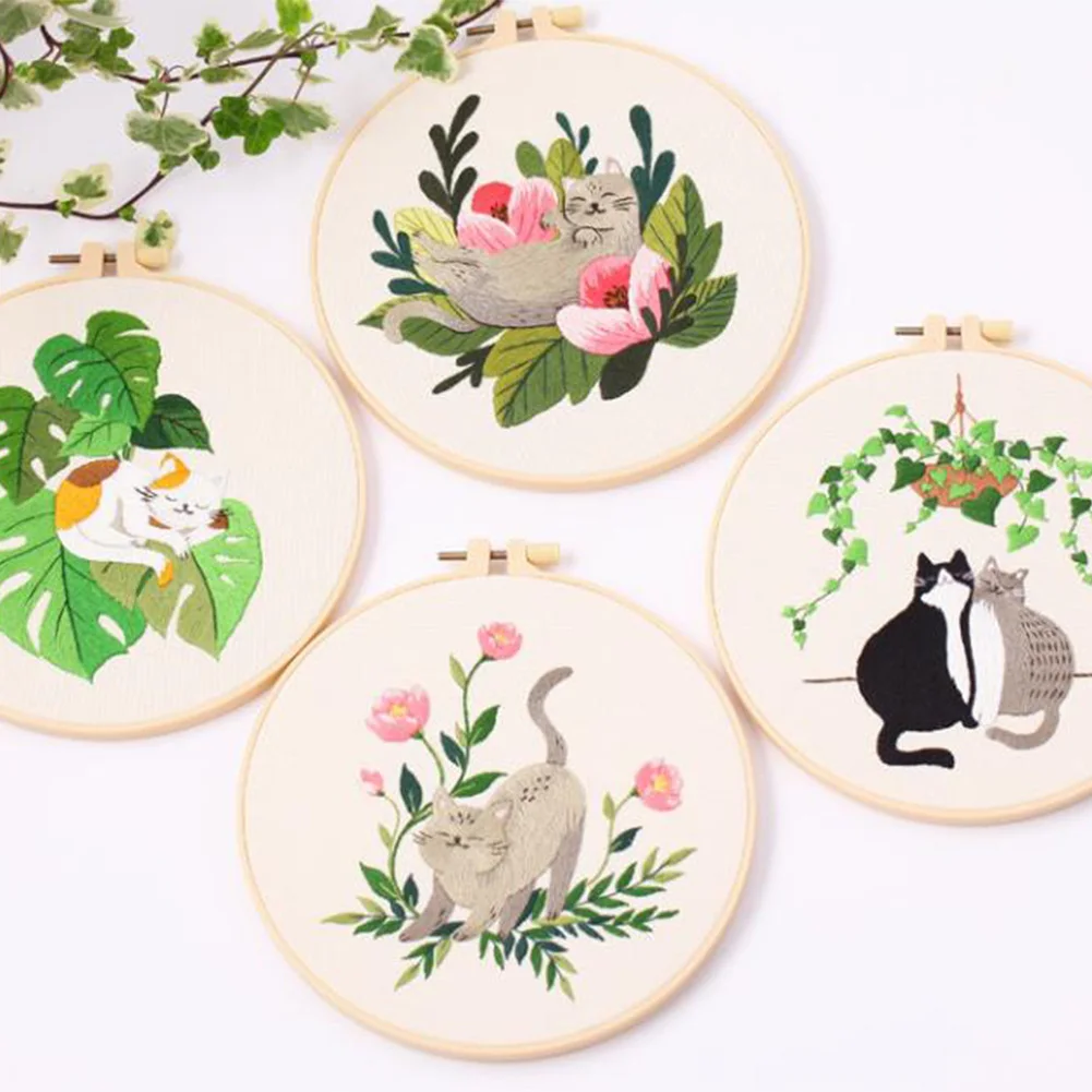 Diy Cat Embroidery Starter Kit With Embroidery Hoops Threads Needles Cross Stitch Kits For Beginners