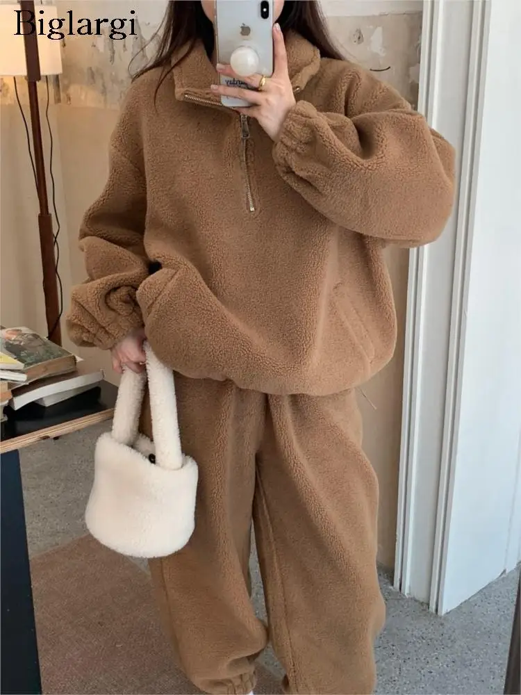 

Autumn Winter Teddy 2 Two Piece Set Women Korean Loose Long Sleeve Ladies Sweatshirts Casual Fashion Wide Leg Woman Pant 2023