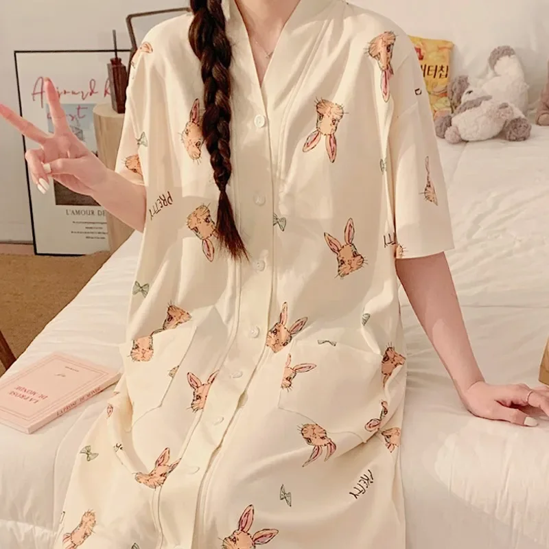 Nursing Dress Summer Cotton Chest Pad Postpartum Short Sleeves Maternity Sleepwear Breastfeeding Period Anticipation