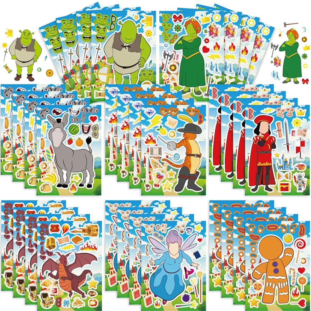 

16 sheet Shrek Puzzle Stickers Make a Face Donkey Cartoon Children Game Creative Assemble Jigsaw Toys For Kids Girls