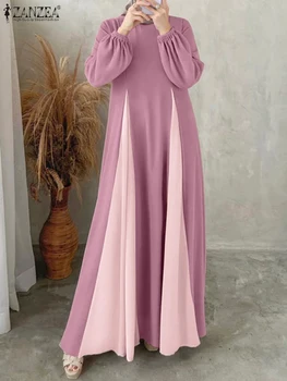 Modest Hijabs Women Long Dresses ZANZEA Elegant O-Neck Long Sleeve Contrast-Color Patchwork Abaya Robes Muslim Loose Maxi Dress